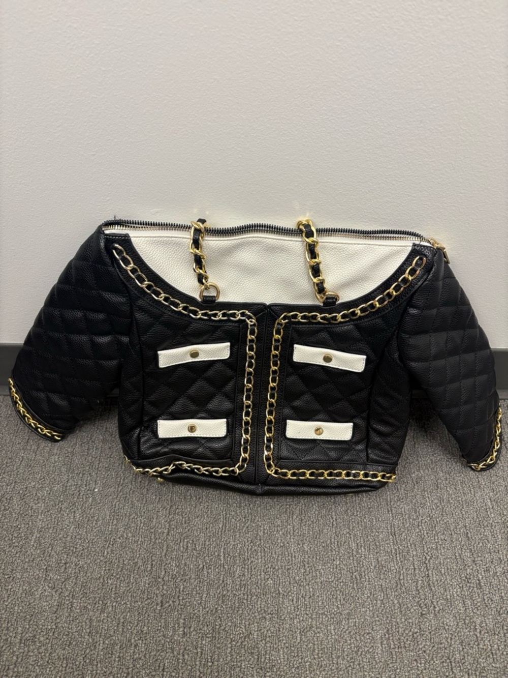 Black and White Quilted Chain-Trim Shoulder Bag